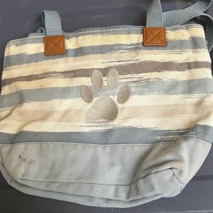 Thirty-One Blue/White Striped hand bag with embroidered paw print